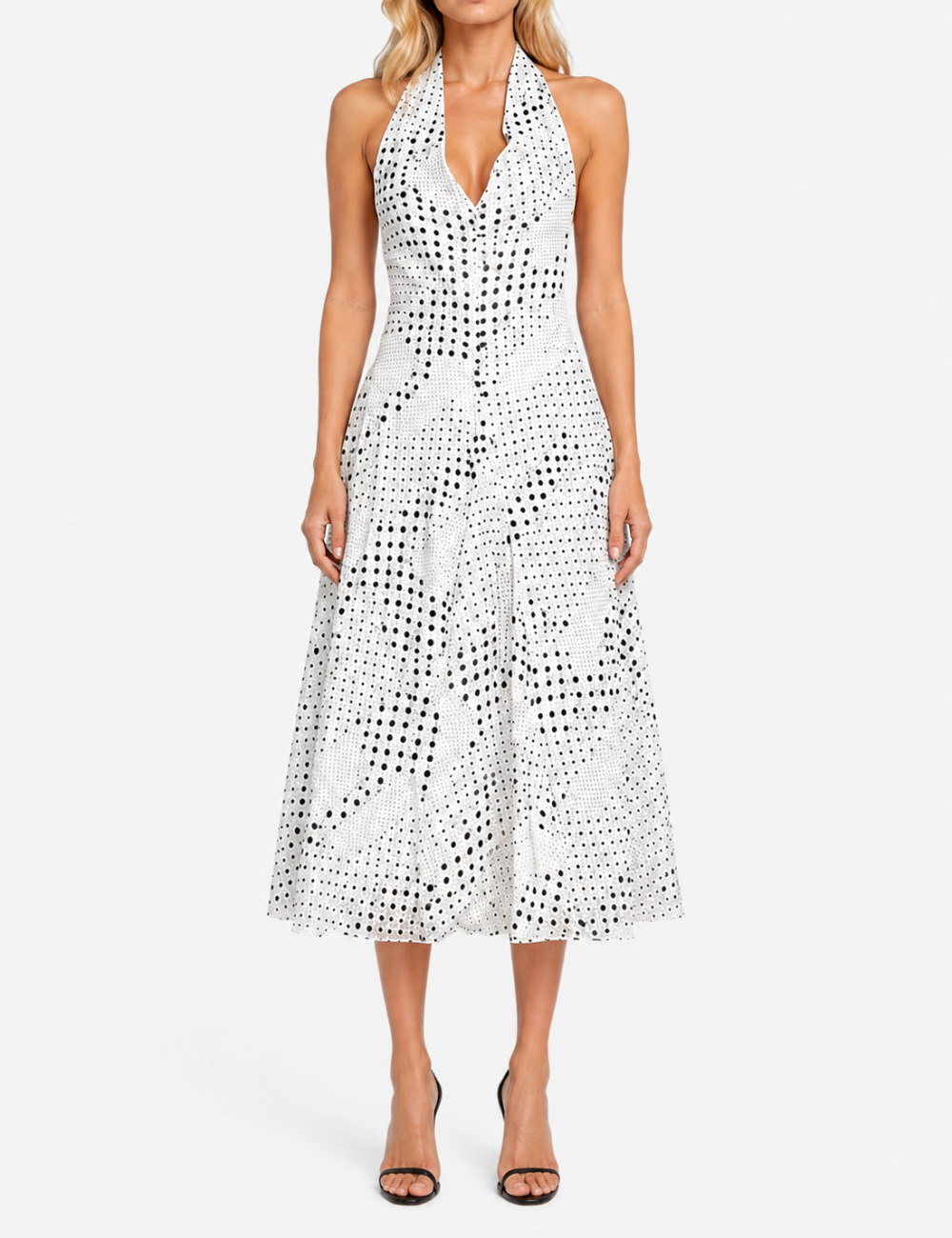 Ladies Chic Polka Dot Halter V-Neck Sleeveless Midi Dress