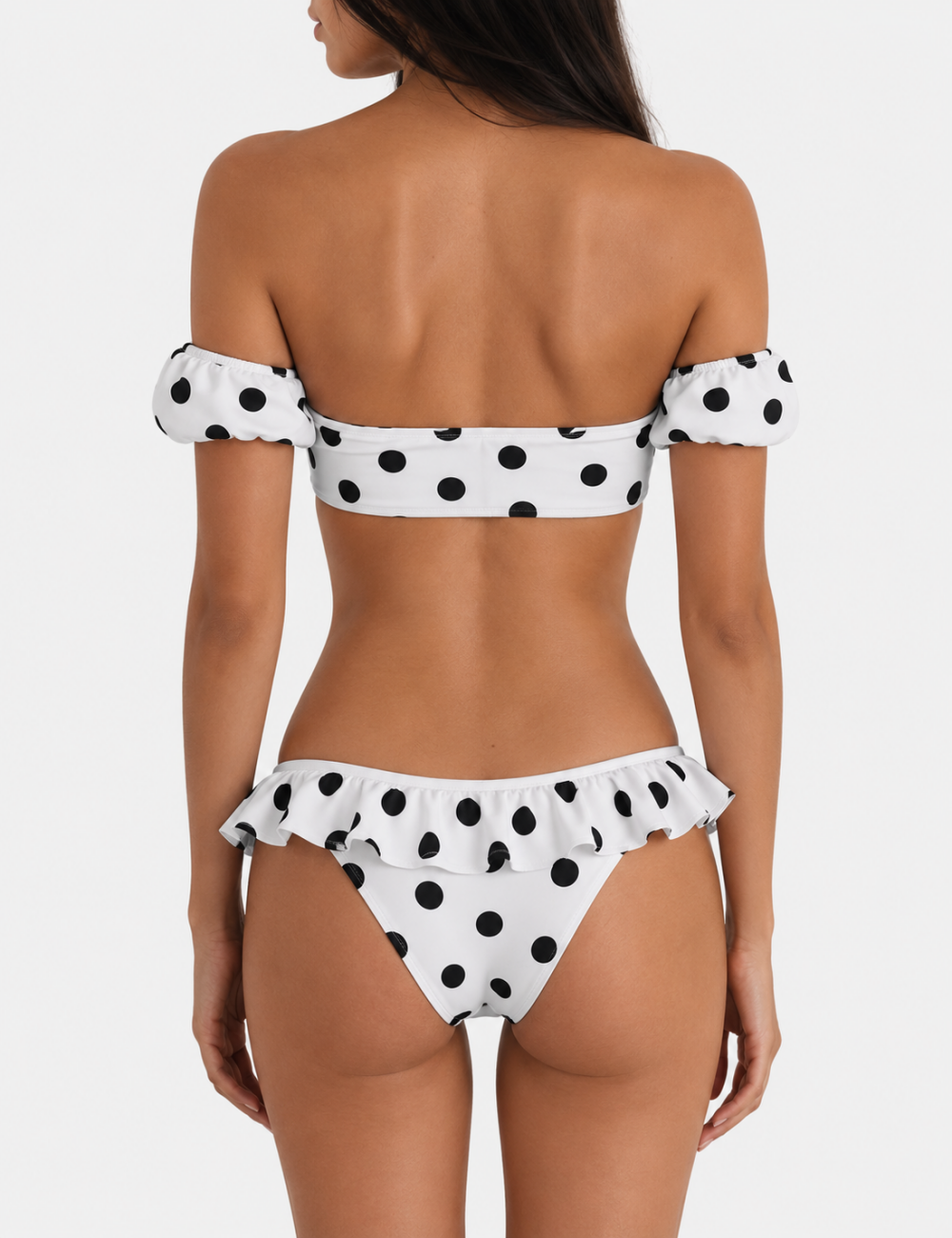 Ladies Polka Dots Print Puffed Short Sleeves Bikini Set