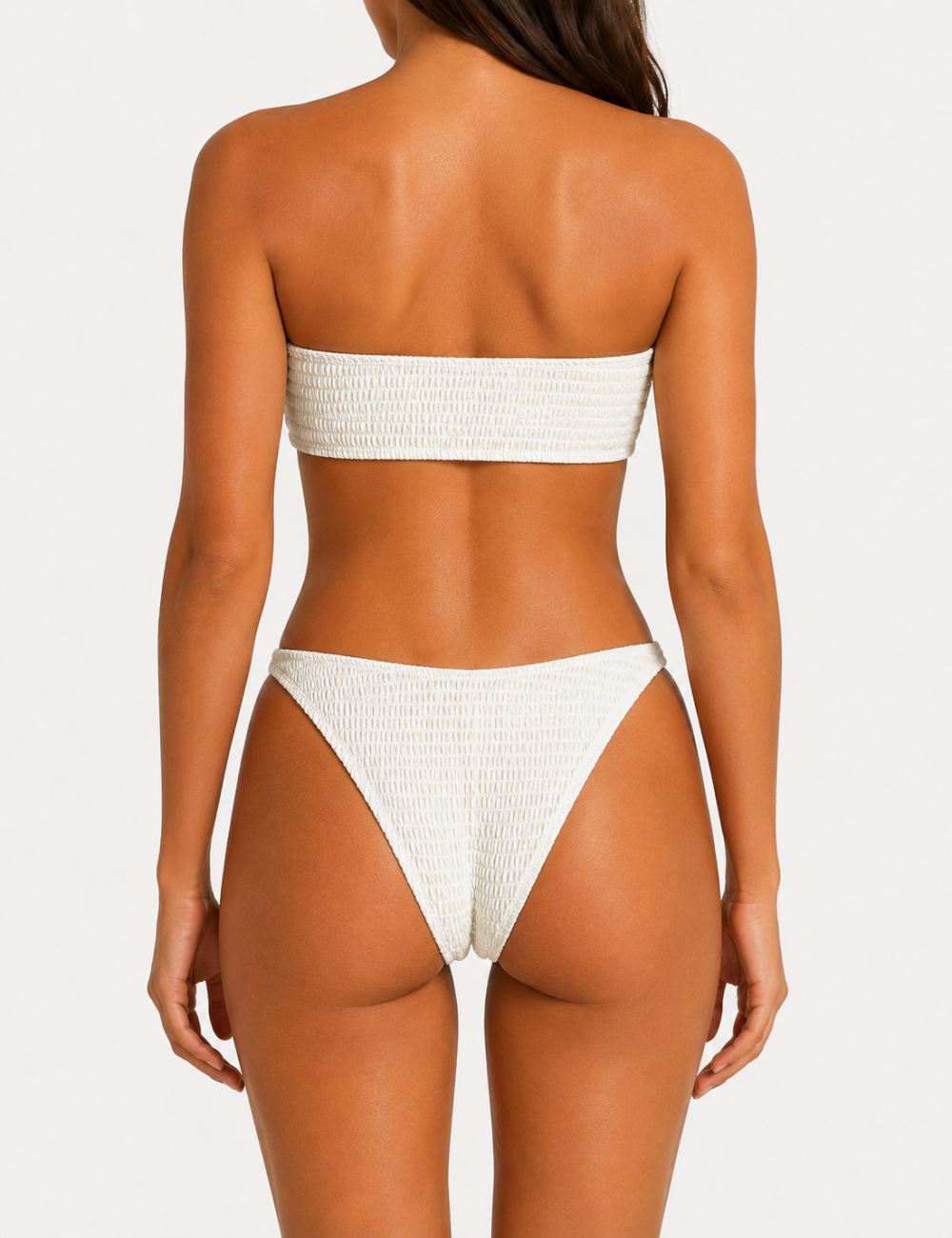 Ladies Solid Color Smocked Seashell Bandeau Bikini Set
