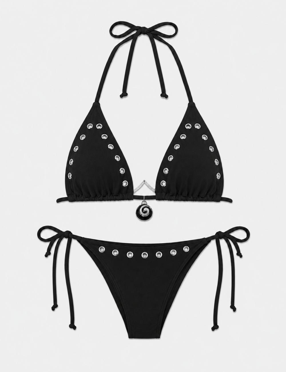 Ladies Solid Color Eyelet Detail Triangle 2-Piece Bikini Set