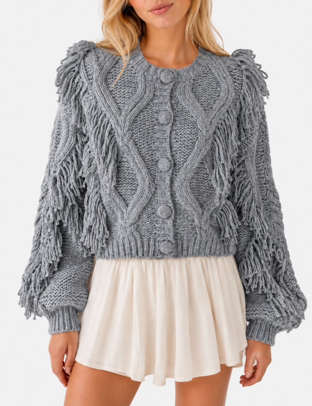 Ladies Cable Knit Tassel Round Neck Button Front Cardigan