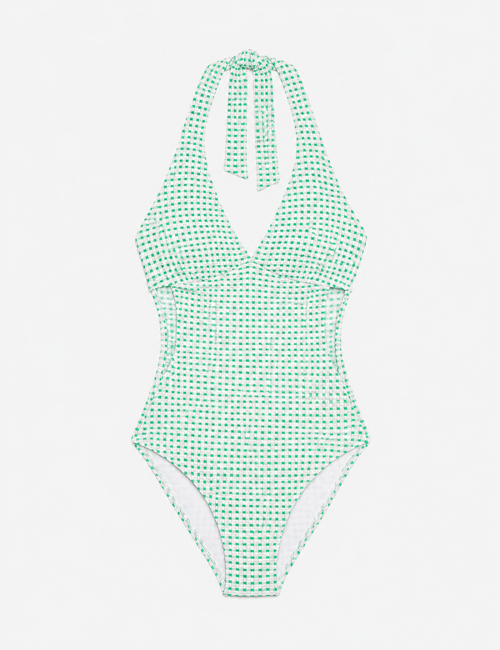 Ladies Simple Plaid Halter V-Neck One Piece Swimsuit