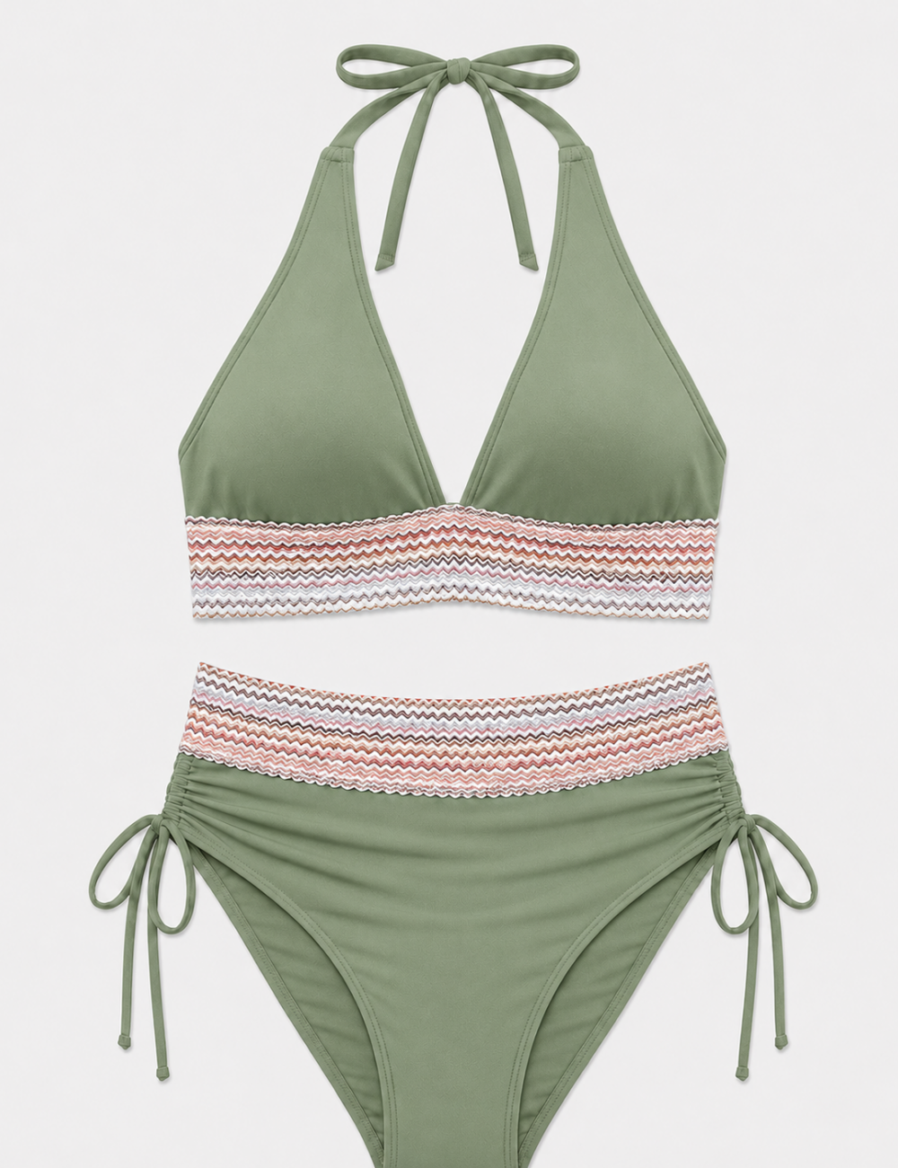 Ladies Deep V-Neck Colorful Zigzag Smocked Trim Bikini Set