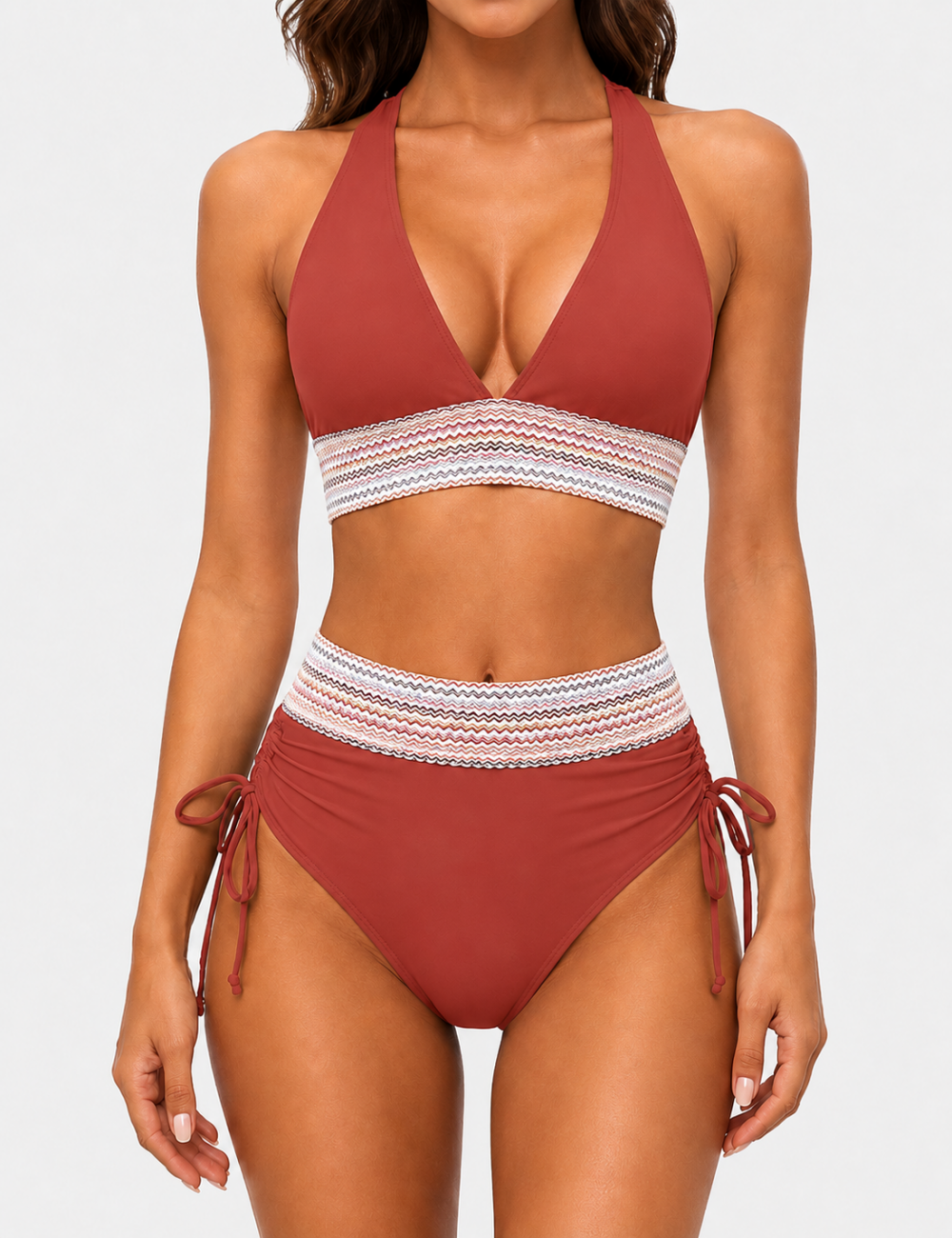 Ladies Deep V-Neck Colorful Zigzag Smocked Trim Bikini Set