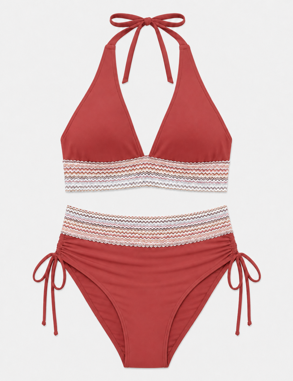 Ladies Deep V-Neck Colorful Zigzag Smocked Trim Bikini Set