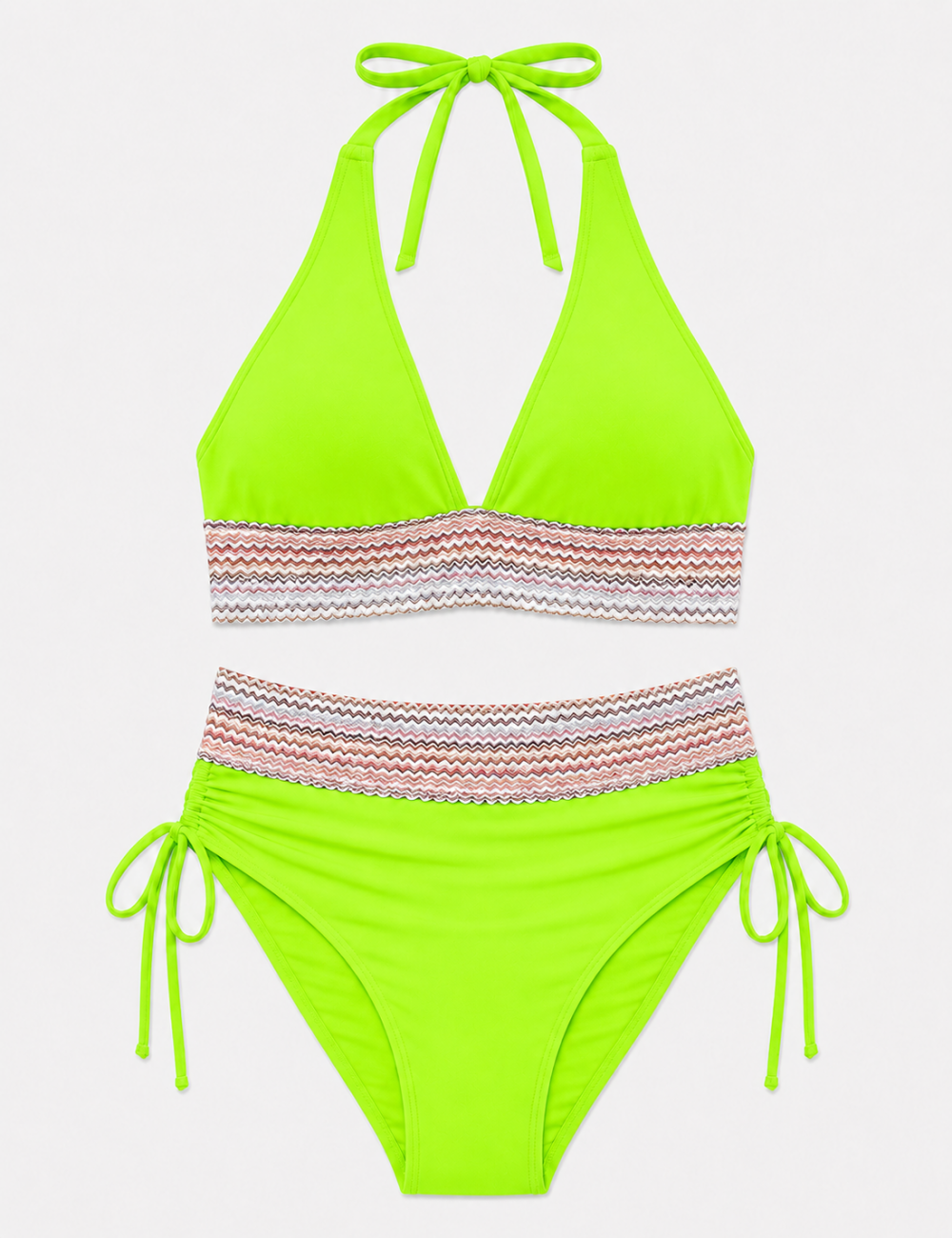 Ladies Deep V-Neck Colorful Zigzag Smocked Trim Bikini Set