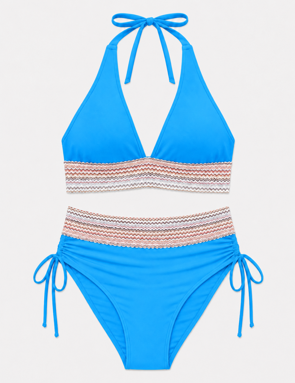 Ladies Deep V-Neck Colorful Zigzag Smocked Trim Bikini Set