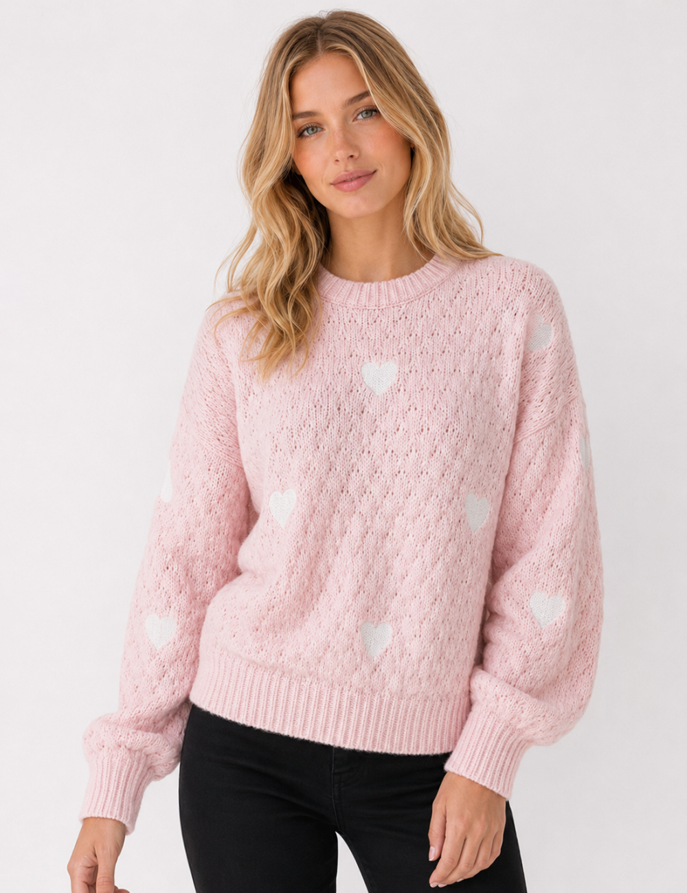 Ladies Heart Applique Hollow Out Knit Crew Neck Sweater