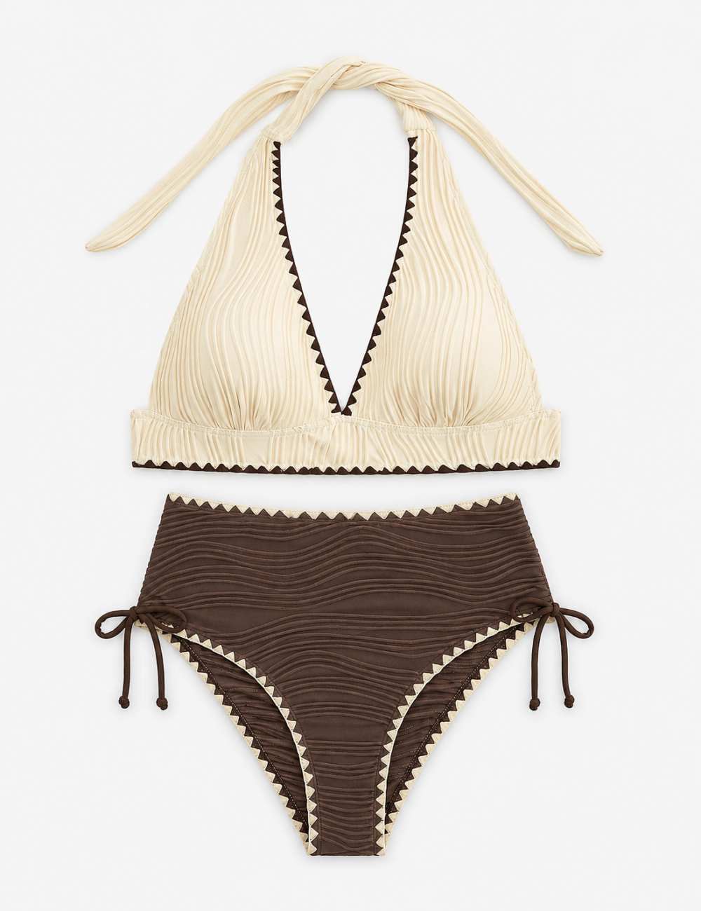 Ladies Color Block Wavy Textured Halter High Waist Bikini Set