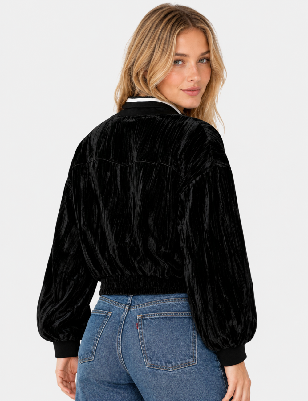 Ladies Black Stand Collar Velvet Jacket