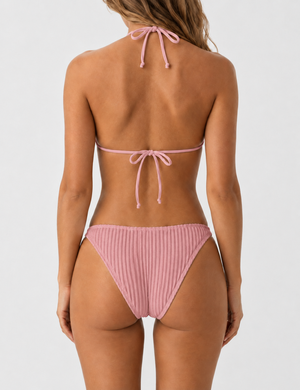 Ladies Vertical Texture Halter Neck Triangle Bikini Set