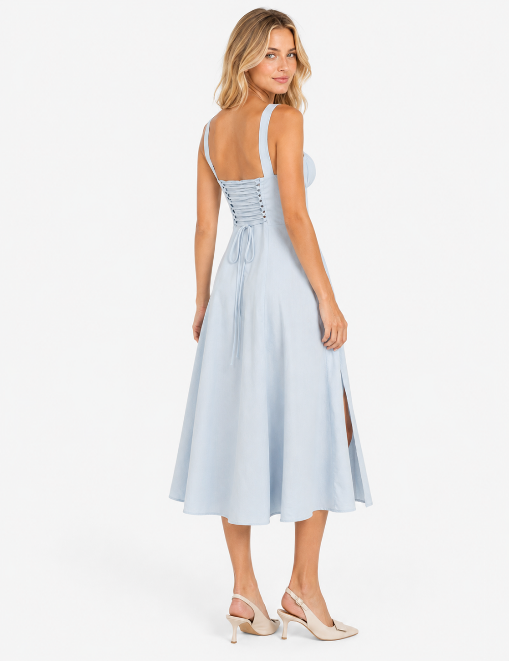 Ladies Square Neck Ruched Bust Side Split Midi Dress