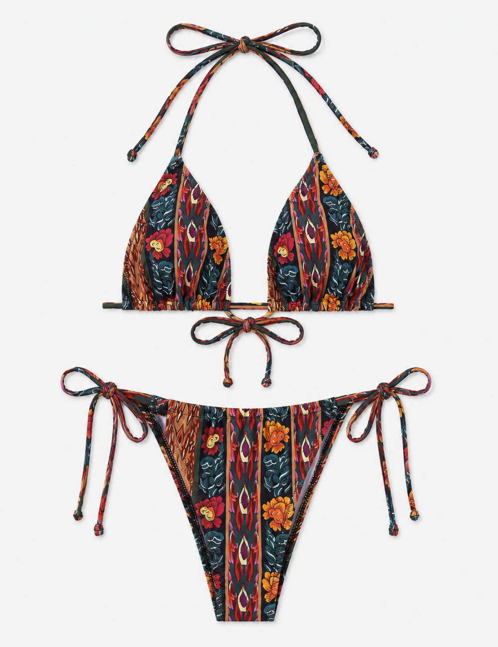 Ladies Boho Multicolor Floral Print Halter Triangle Bikini Set
