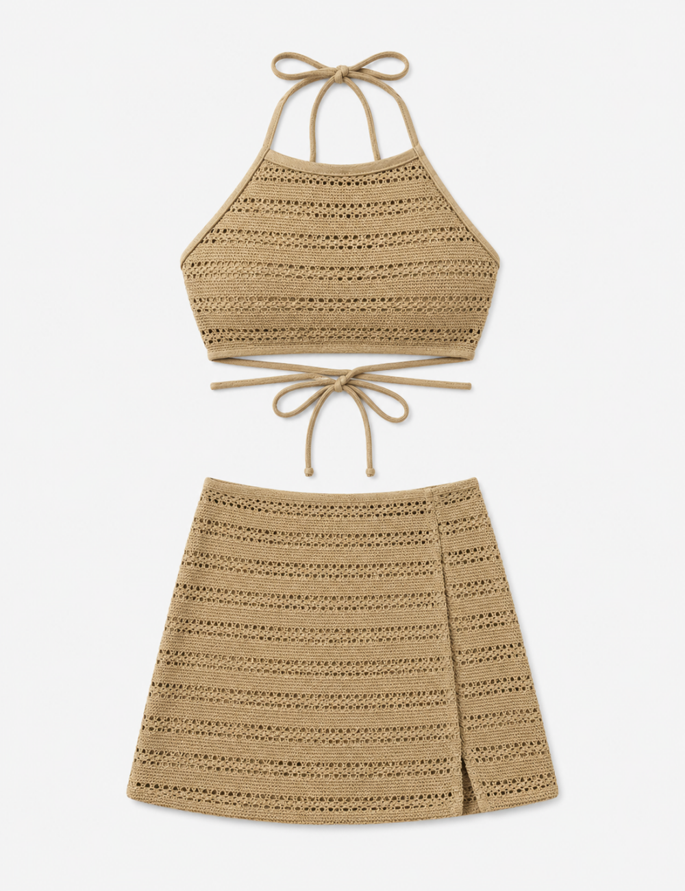 Ladies Hollow Knit Cross Back Tie Halter Bikini Set