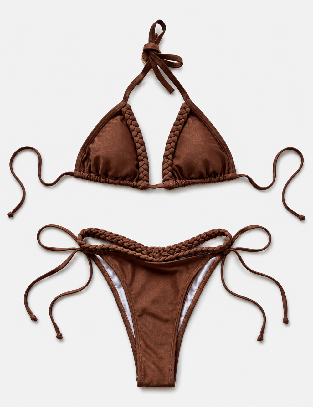 Ladies Braided Trim Halter Triangle 2-Piece Bikini Set