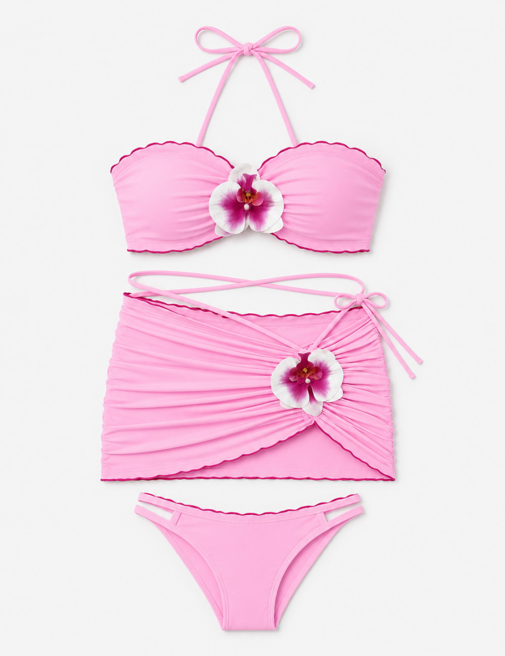Ladies 3D Flower Design Halter Bandeau Bikini Set with Skirt