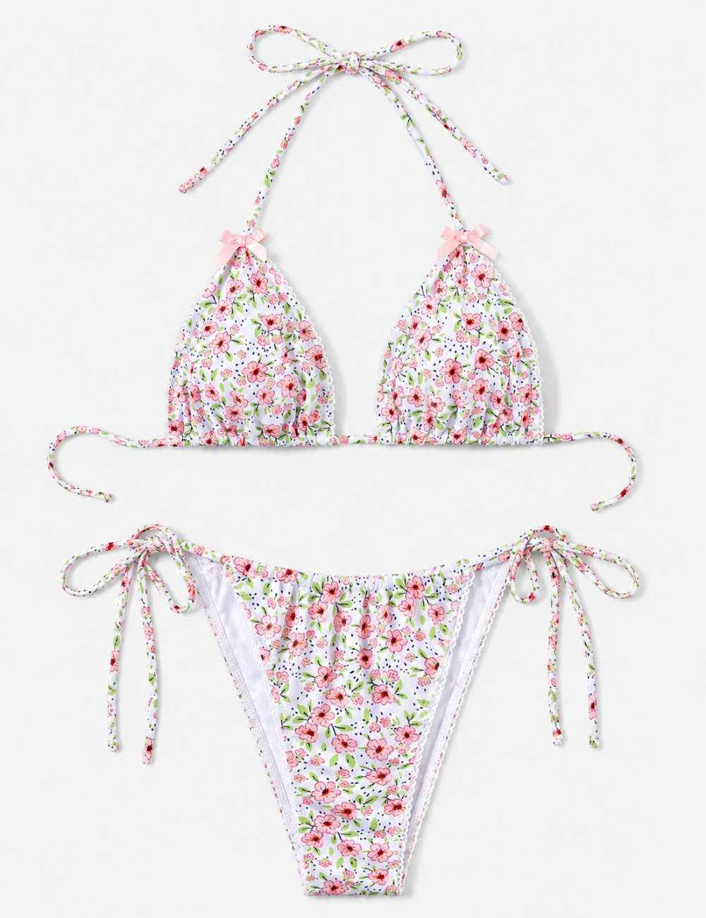 Ladies Floral Print Halter Scalloped Trim Triangle Bikini Set