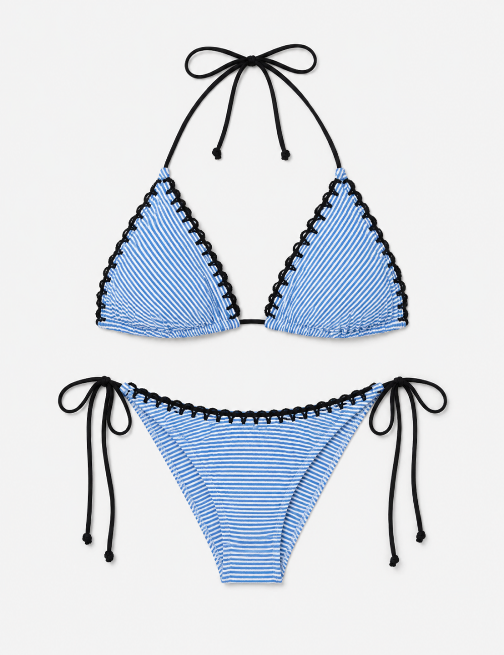 Ladies Striped Crochet Trim Halter Triangle 2 Piece Bikini Set