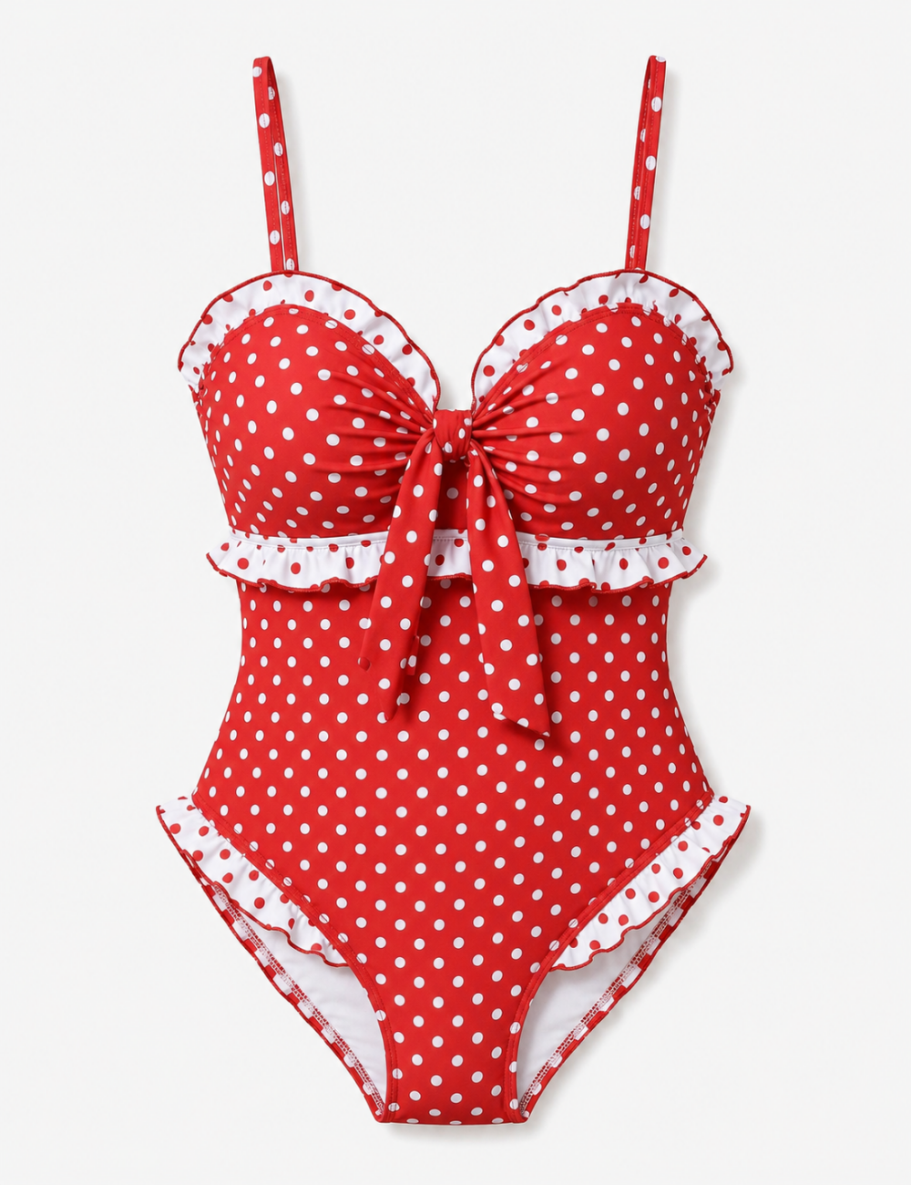 Ladies Polka Dots Print Front Bow Detail One Piece Swimsuit
