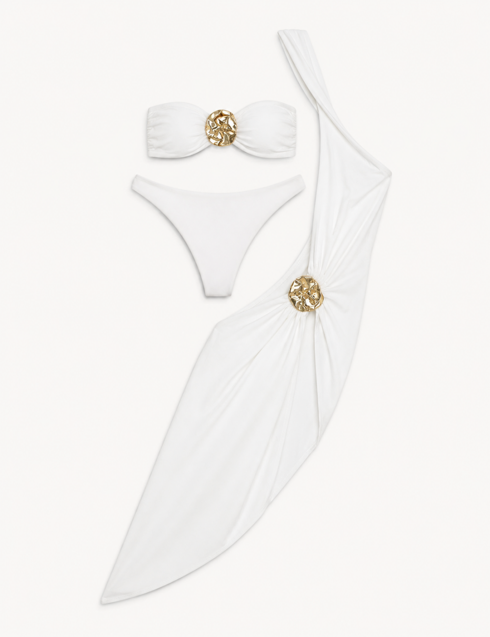 Ladies Gold Ring Details Strapless Balconette Bikini Set with Skirt