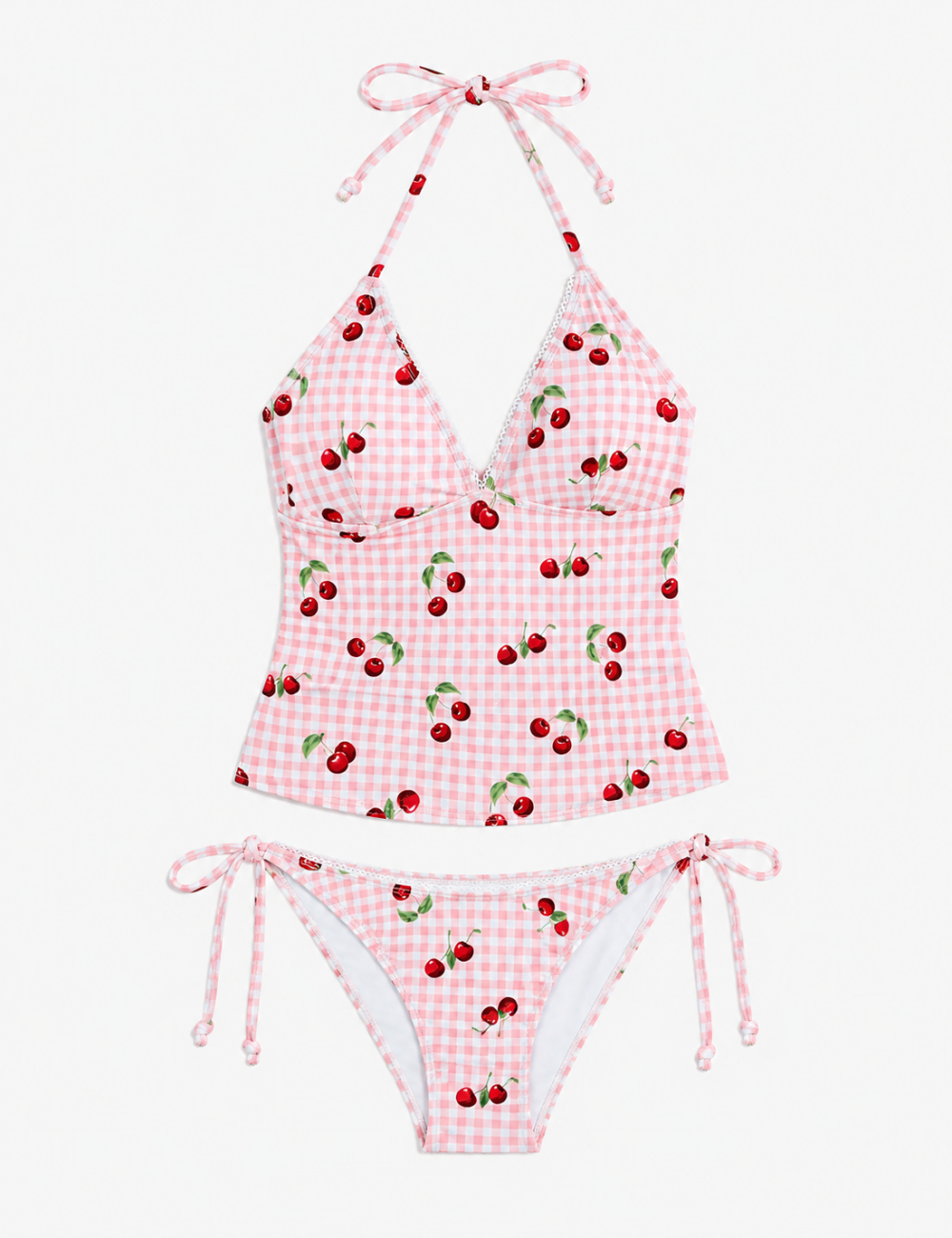 Ladies Gingham Cheery Halter V-Neck Tankini Set