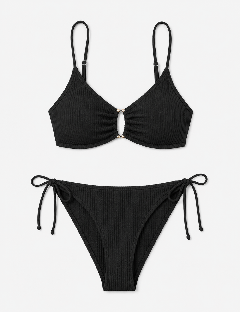 Ladies Multi Color Gold-Tone Metal Accents Triangle Bikini Set