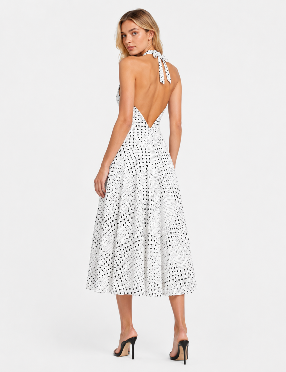 Ladies Chic Polka Dot Halter V-Neck Sleeveless Midi Dress