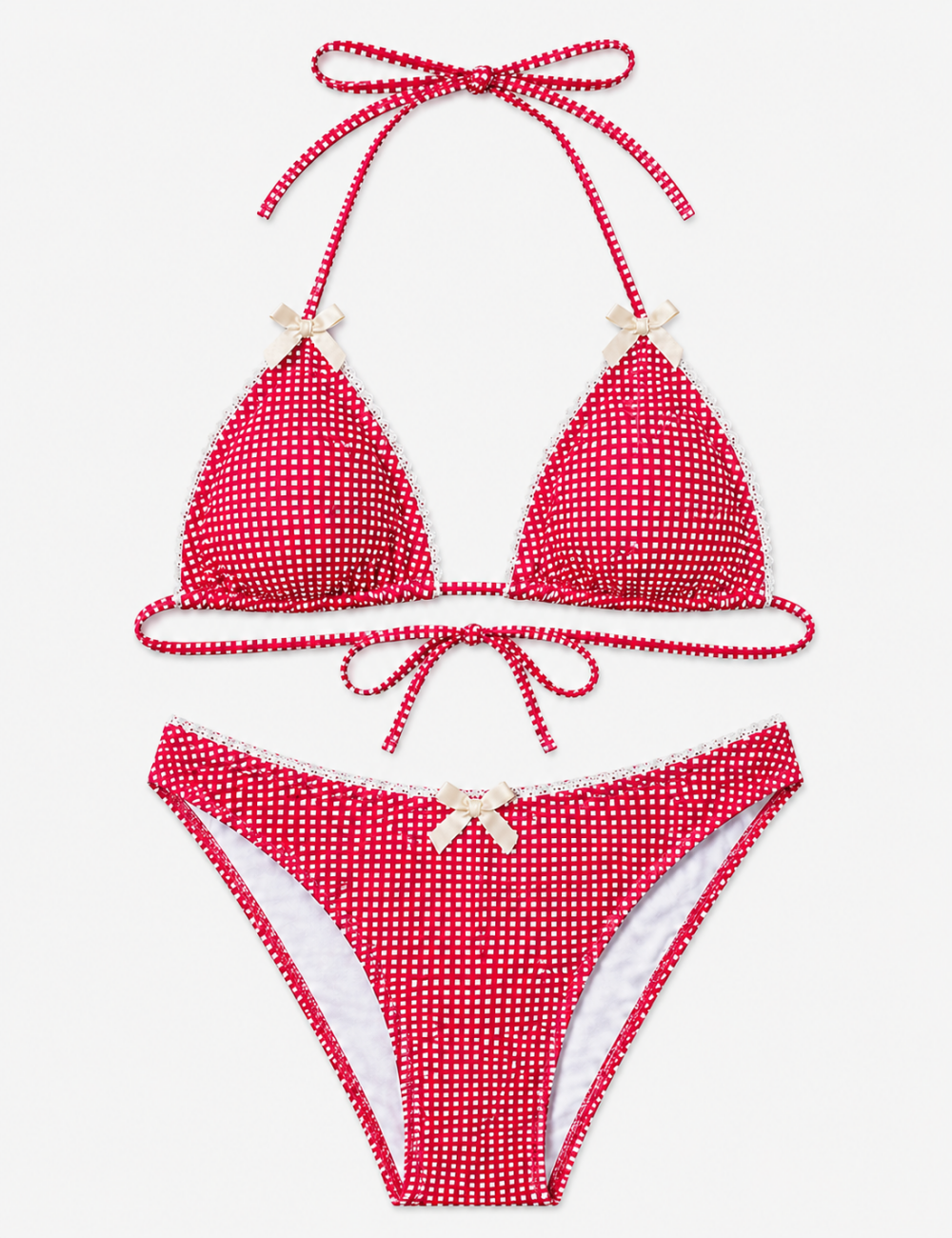 Ladies Gingham Bow Halter Triangle 2-Piece Bikini Set