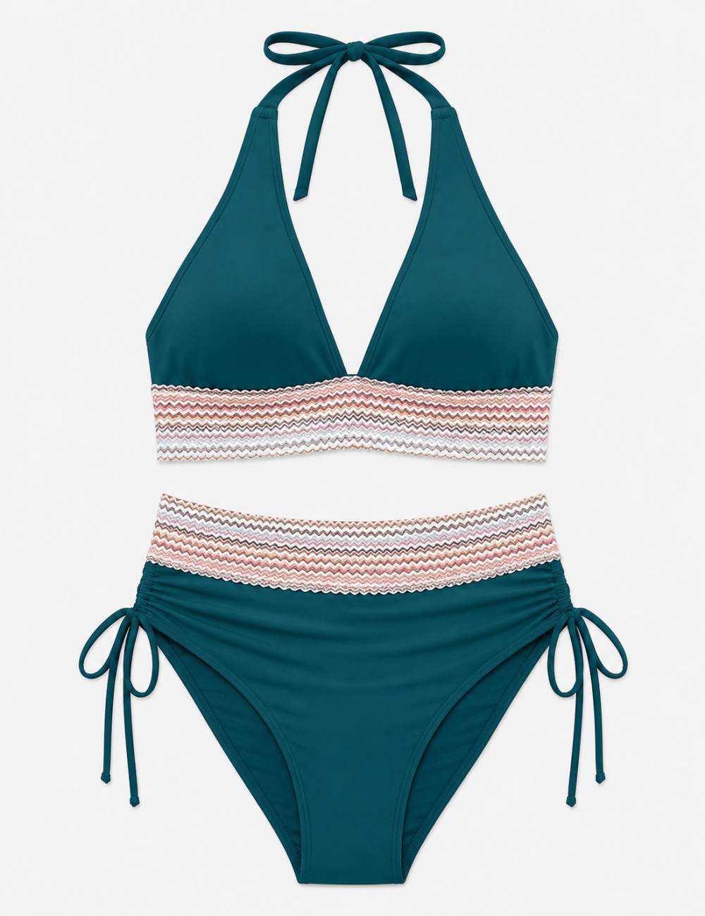 Ladies Deep V-Neck Colorful Zigzag Smocked Trim Bikini Set