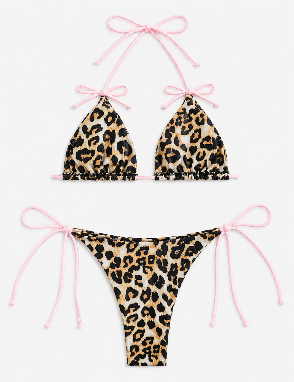 Ladies Leopard Halter Bow Detail Triangle Bikini Set