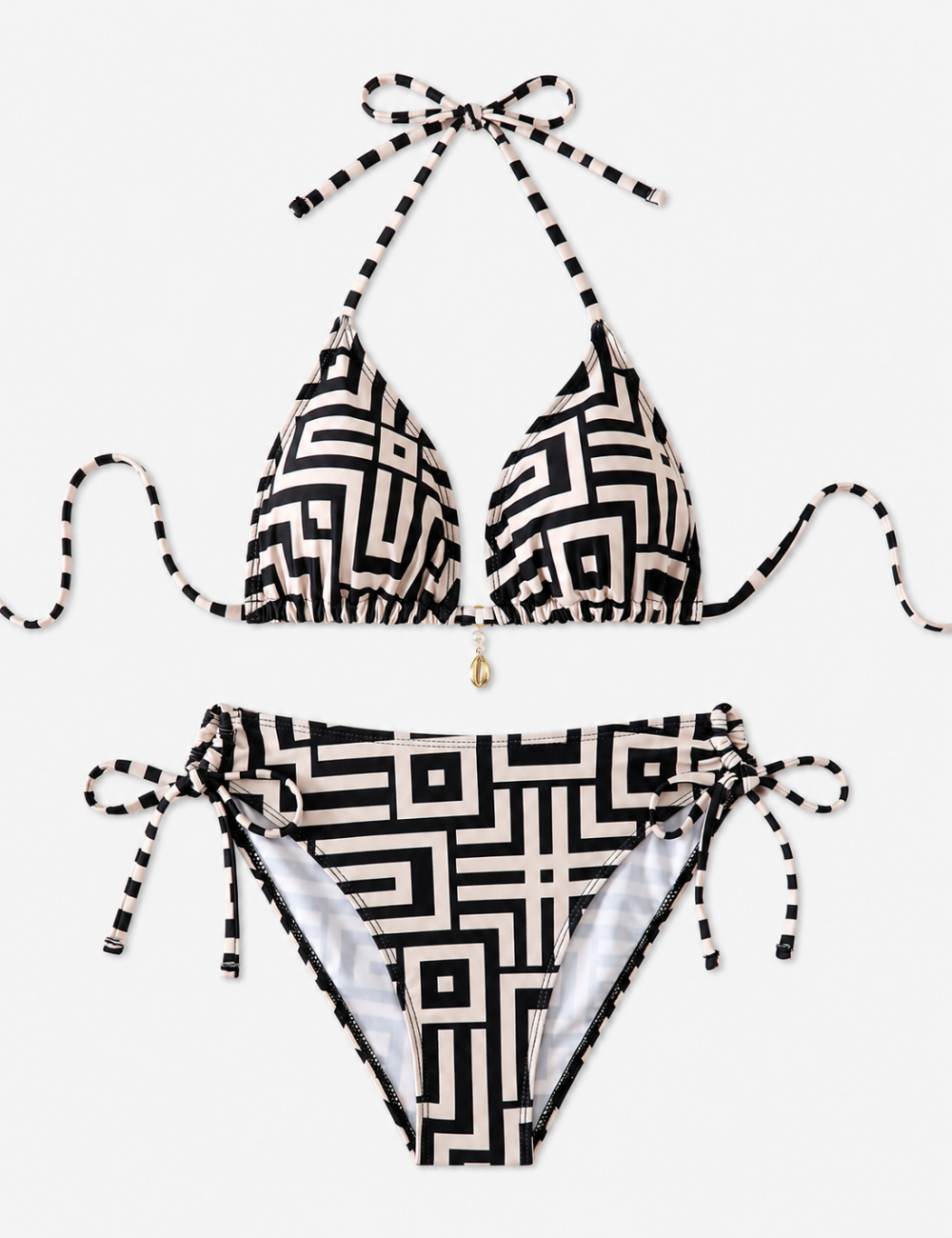 Ladies Color Block Geometric Halter Triangle 2 Piece Bikini Set