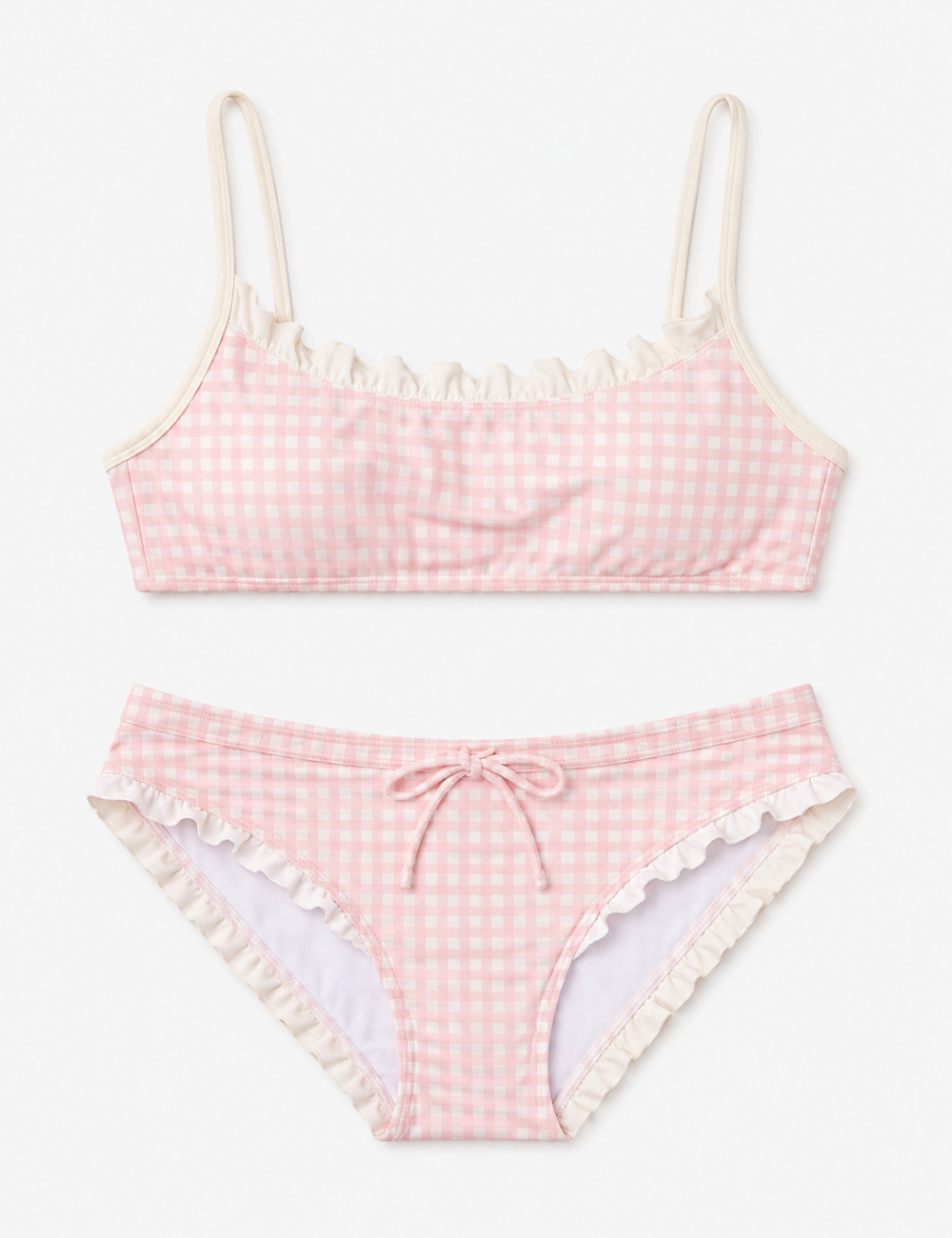 Ladies Pink Gingham Ruffled Cami Top 2 Piece Bikini Set