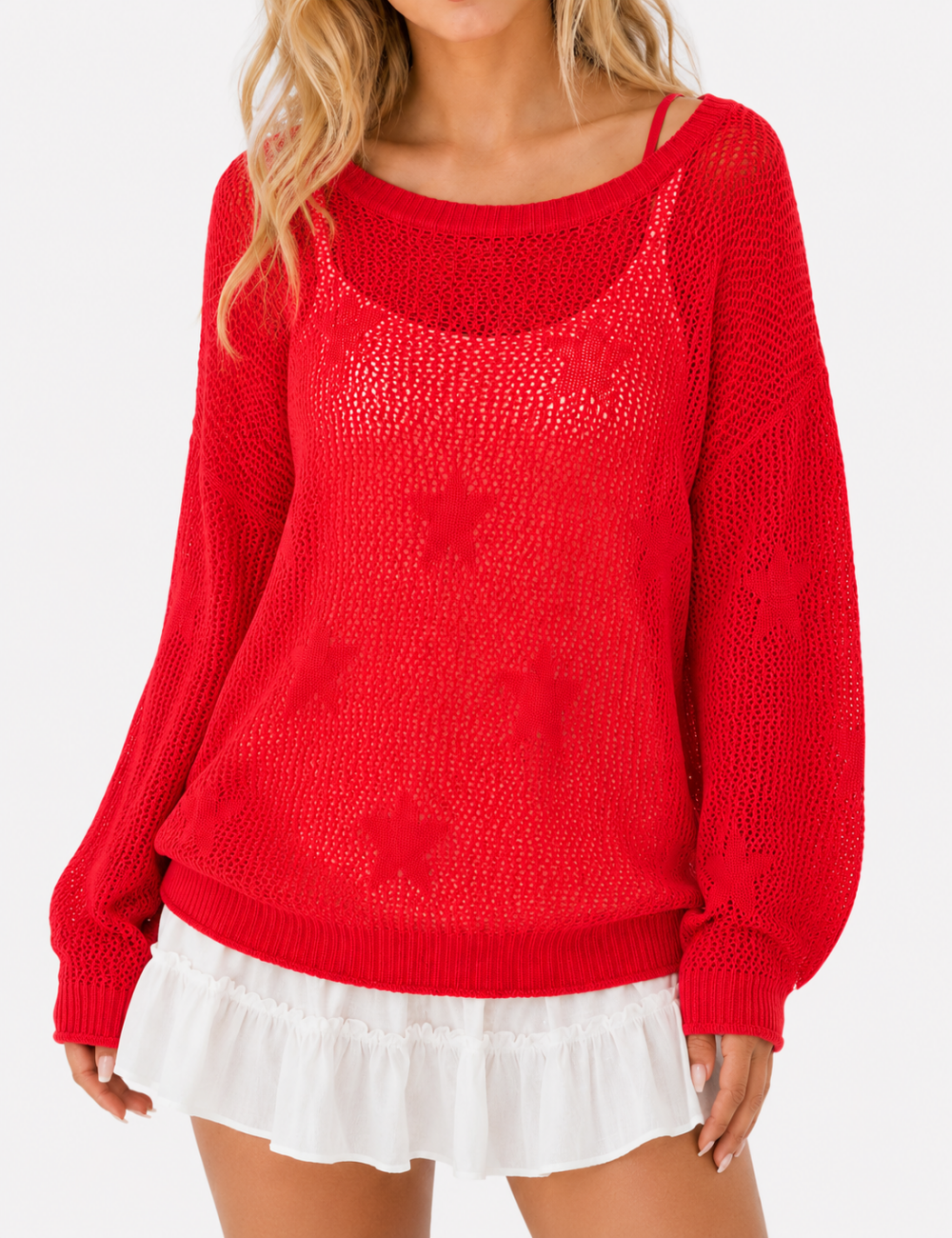 Ladies Star Pattern Mesh Hollow Out Long Sleeve Cover Up