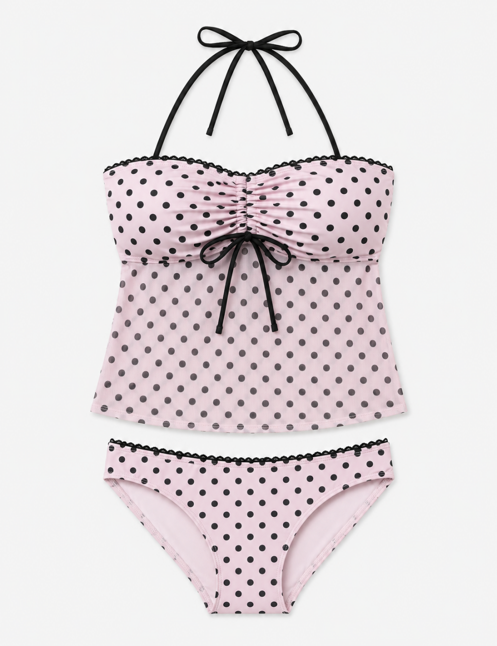 Ladies Pink Polka Dot Print Mesh Halter Tankini Set