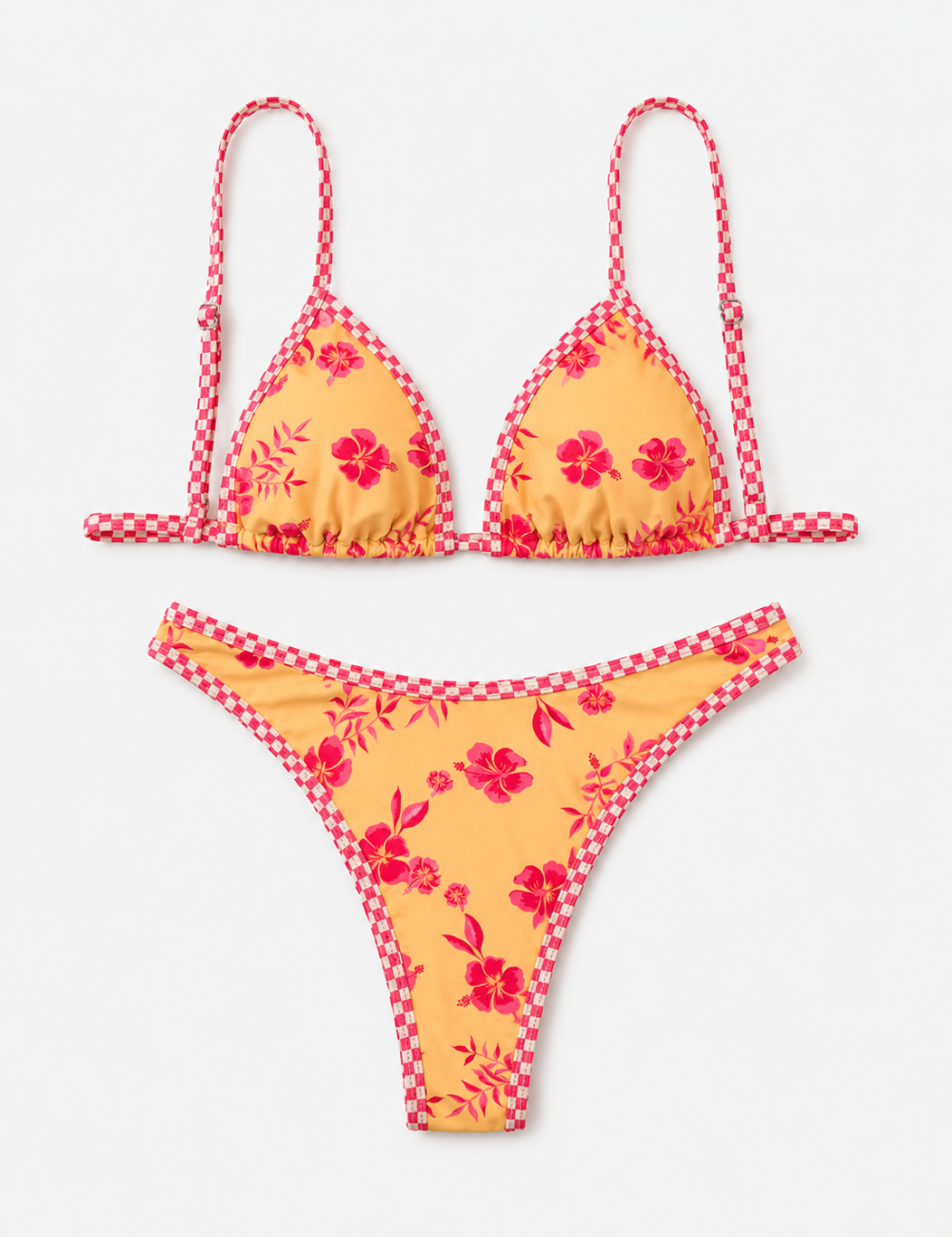 Ladies Floral Print Check Trim Triangle 2 Piece Bikini Set