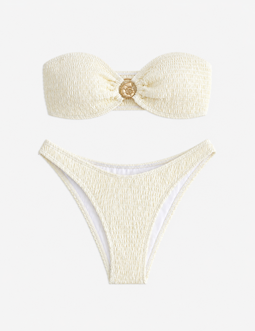 Ladies Solid Color Smocked Seashell Bandeau Bikini Set