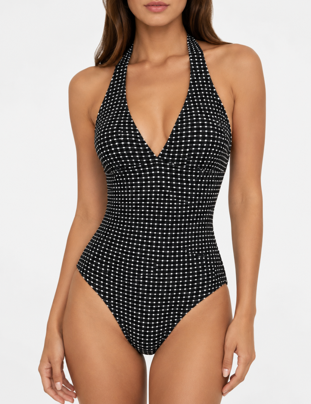 Ladies Simple Plaid Halter V-Neck One Piece Swimsuit
