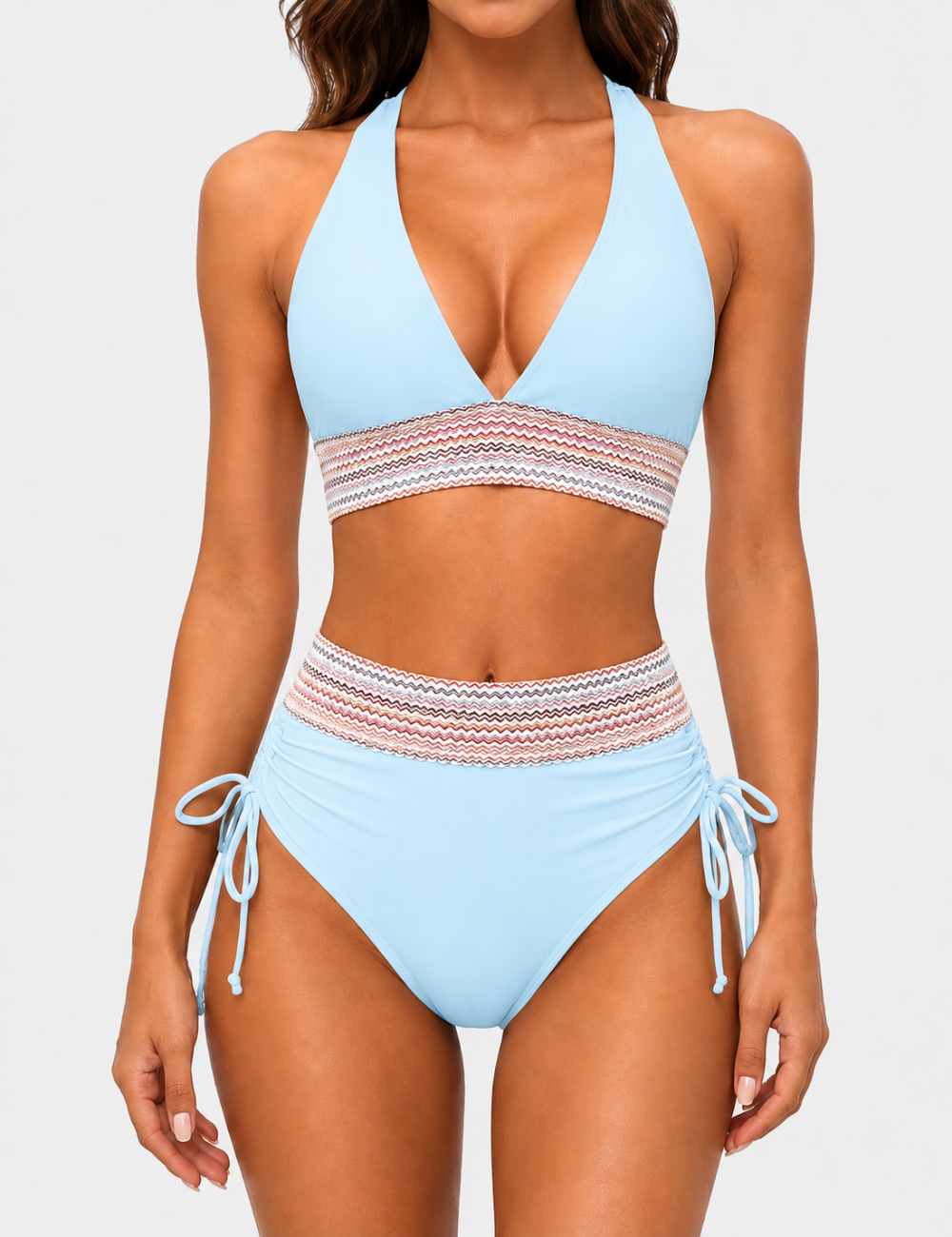 Ladies Deep V-Neck Colorful Zigzag Smocked Trim Bikini Set