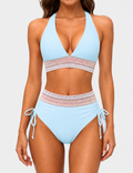 Ladies Deep V-Neck Colorful Zigzag Smocked Trim Bikini Set