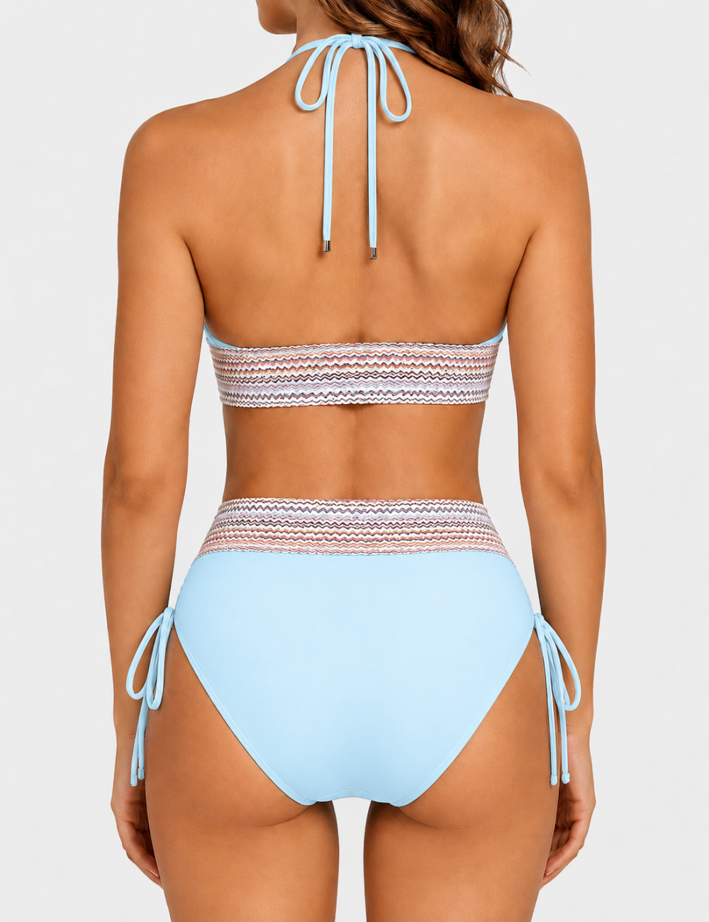 Ladies Deep V-Neck Colorful Zigzag Smocked Trim Bikini Set