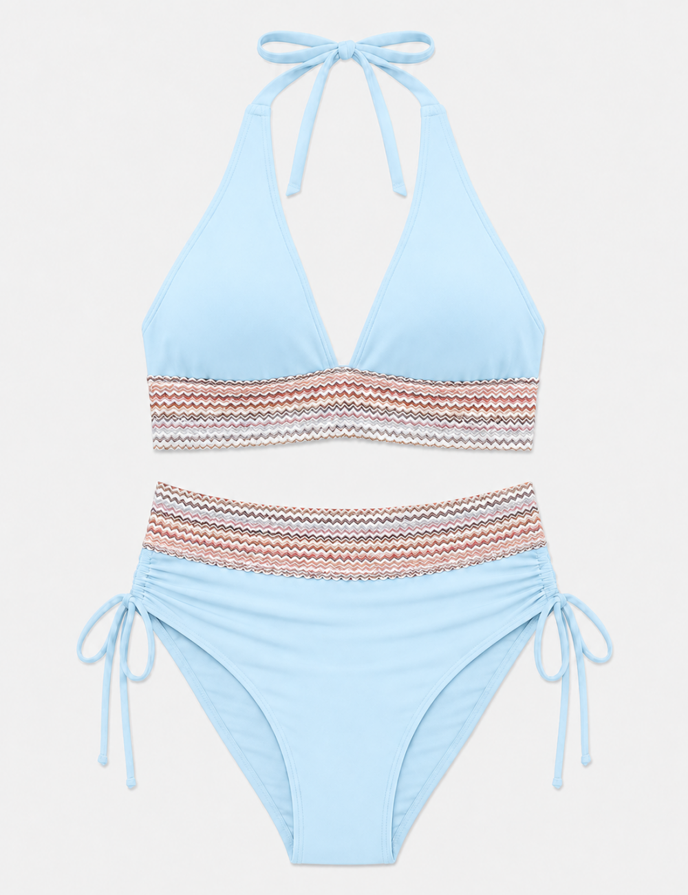 Ladies Deep V-Neck Colorful Zigzag Smocked Trim Bikini Set