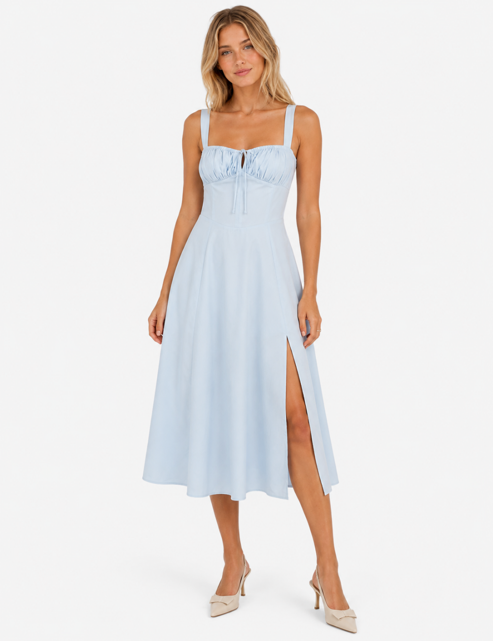 Ladies Square Neck Ruched Bust Side Split Midi Dress