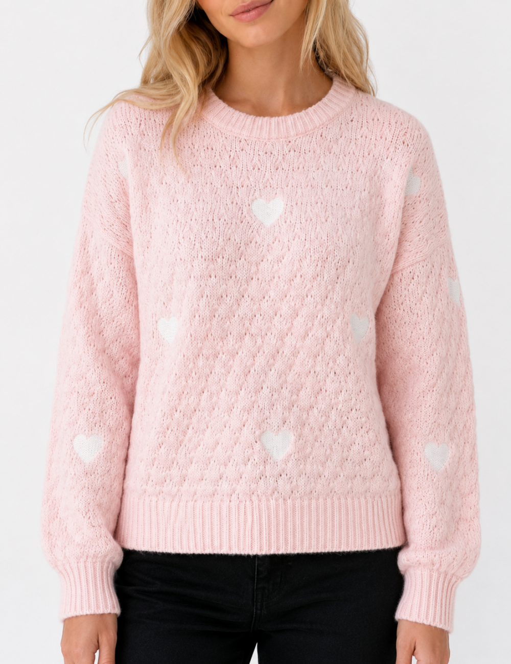 Ladies Heart Applique Hollow Out Knit Crew Neck Sweater
