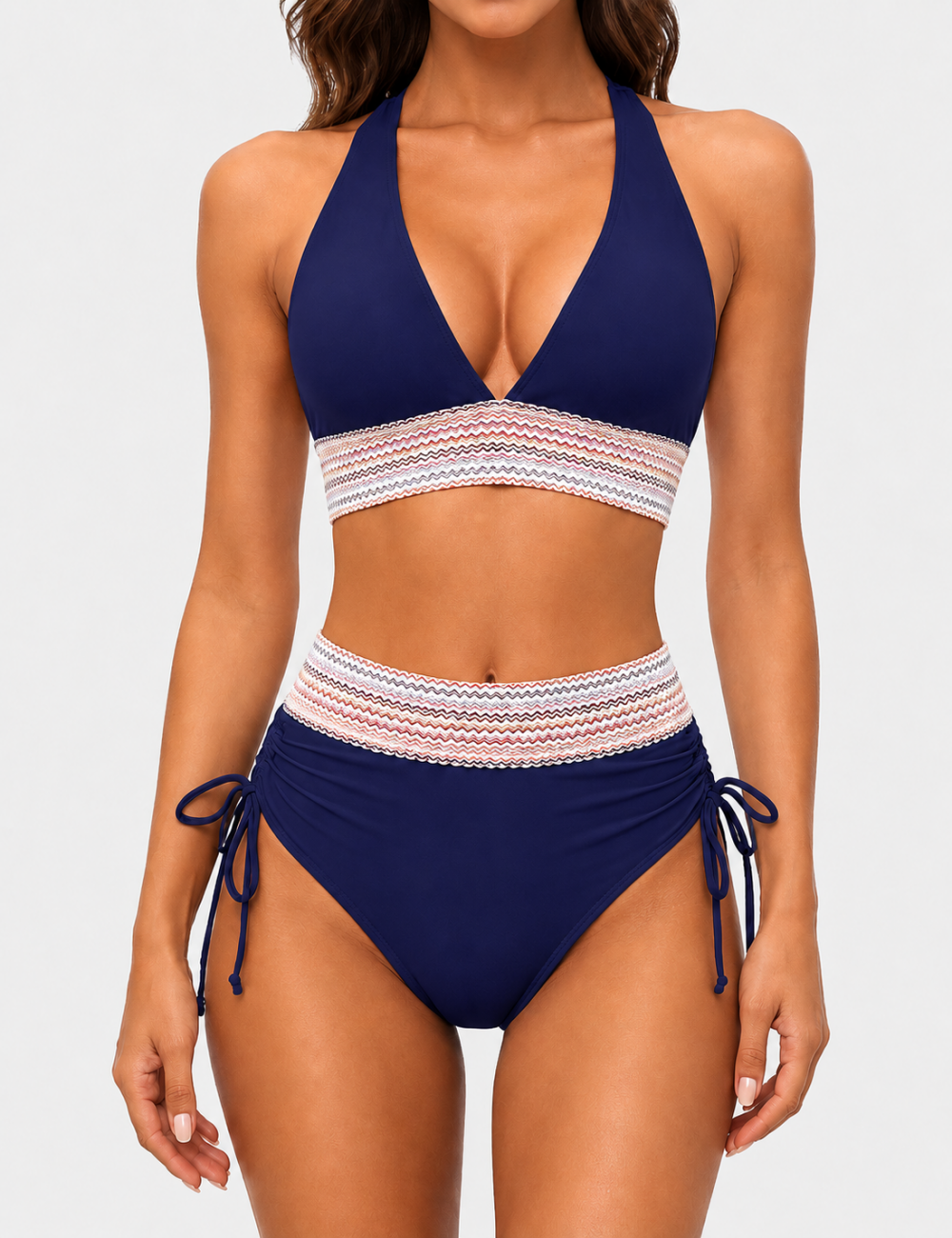 Ladies Deep V-Neck Colorful Zigzag Smocked Trim Bikini Set