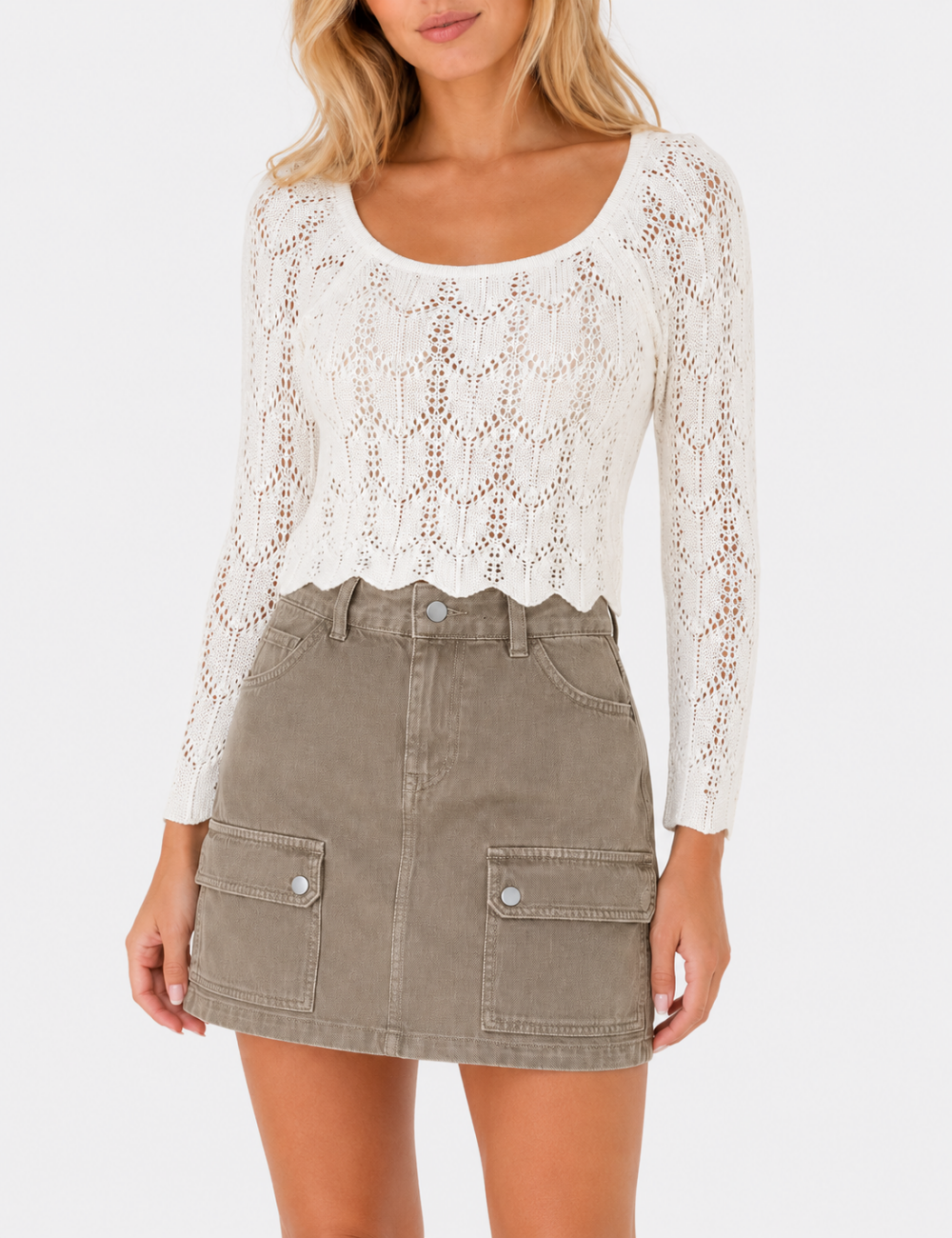 Ladies U-Neck Hollow Out Scallop Hem Crochet Cover Up