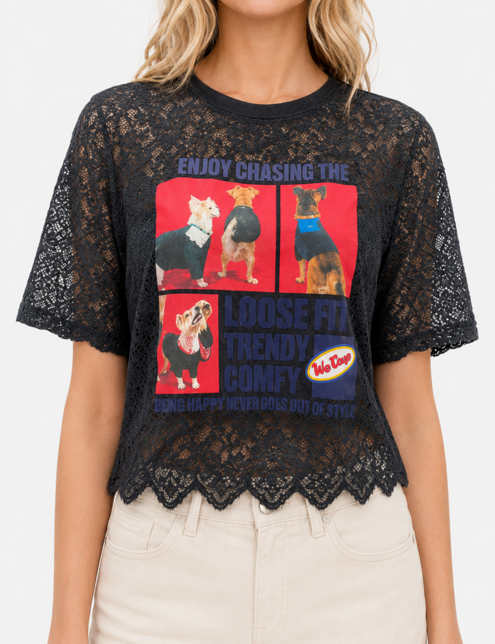 Ladies Dog Graphic Print Round Neck Lace Crop Top