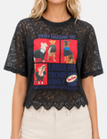 Ladies Dog Graphic Print Round Neck Lace Crop Top