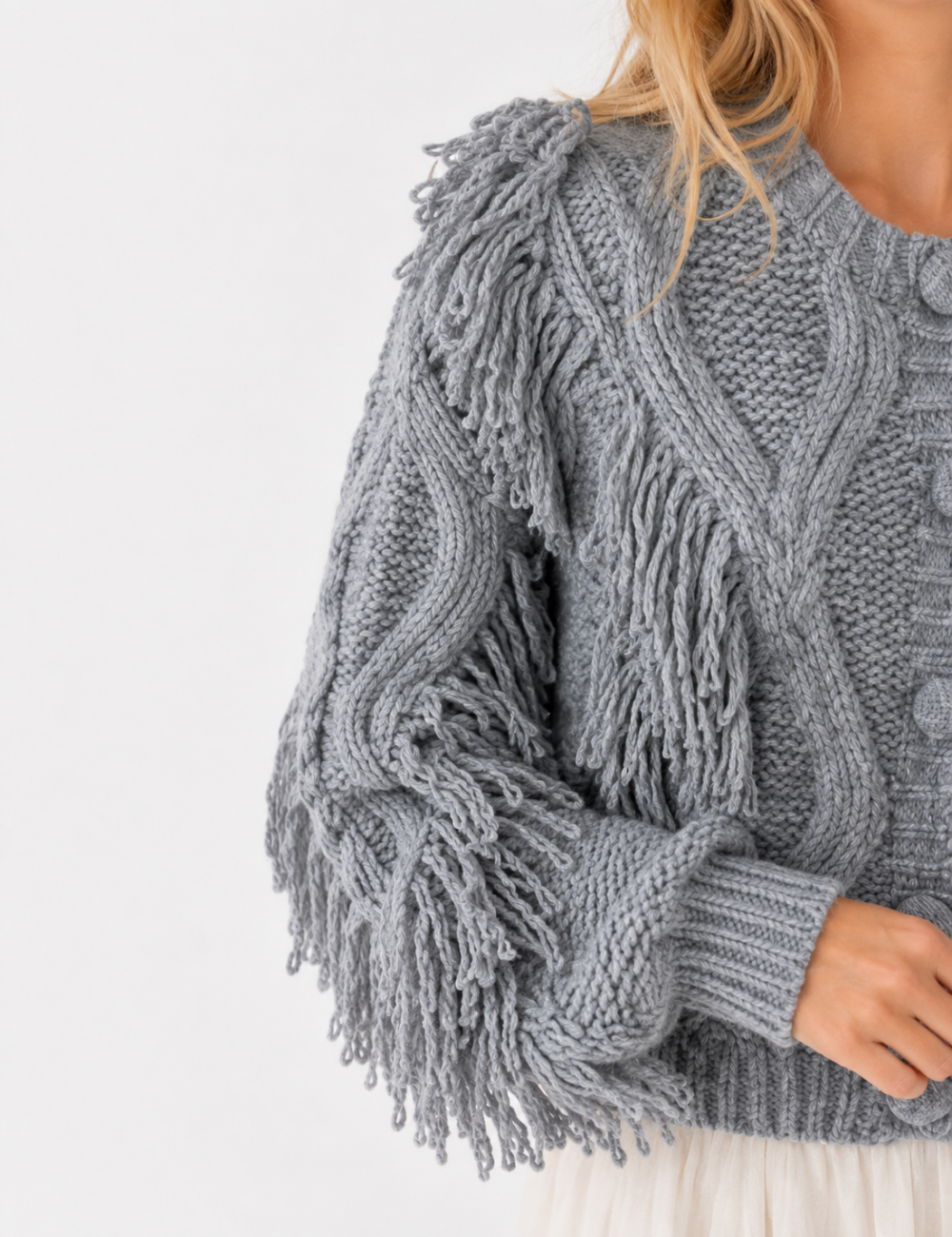 Ladies Cable Knit Tassel Round Neck Button Front Cardigan
