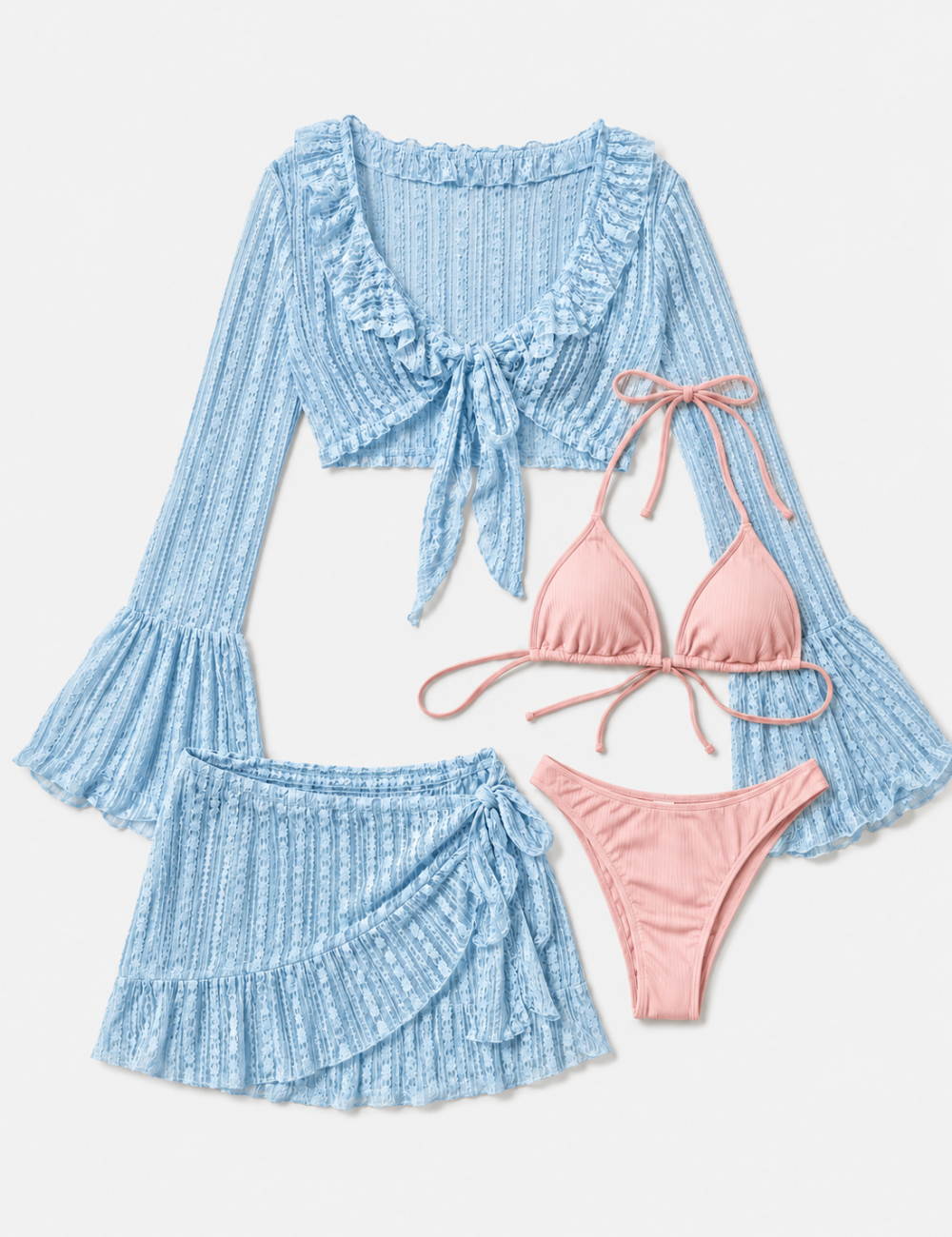 Ladies Solid Color Triangle Bikini 4PCS Set with Cover-Up & Mini Skirt