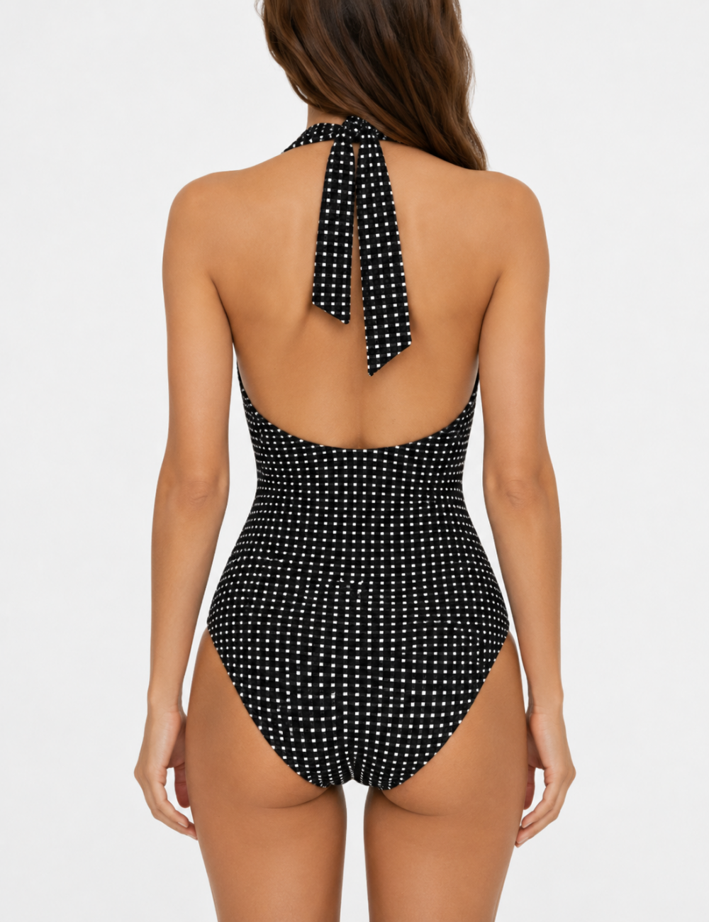 Ladies Simple Plaid Halter V-Neck One Piece Swimsuit